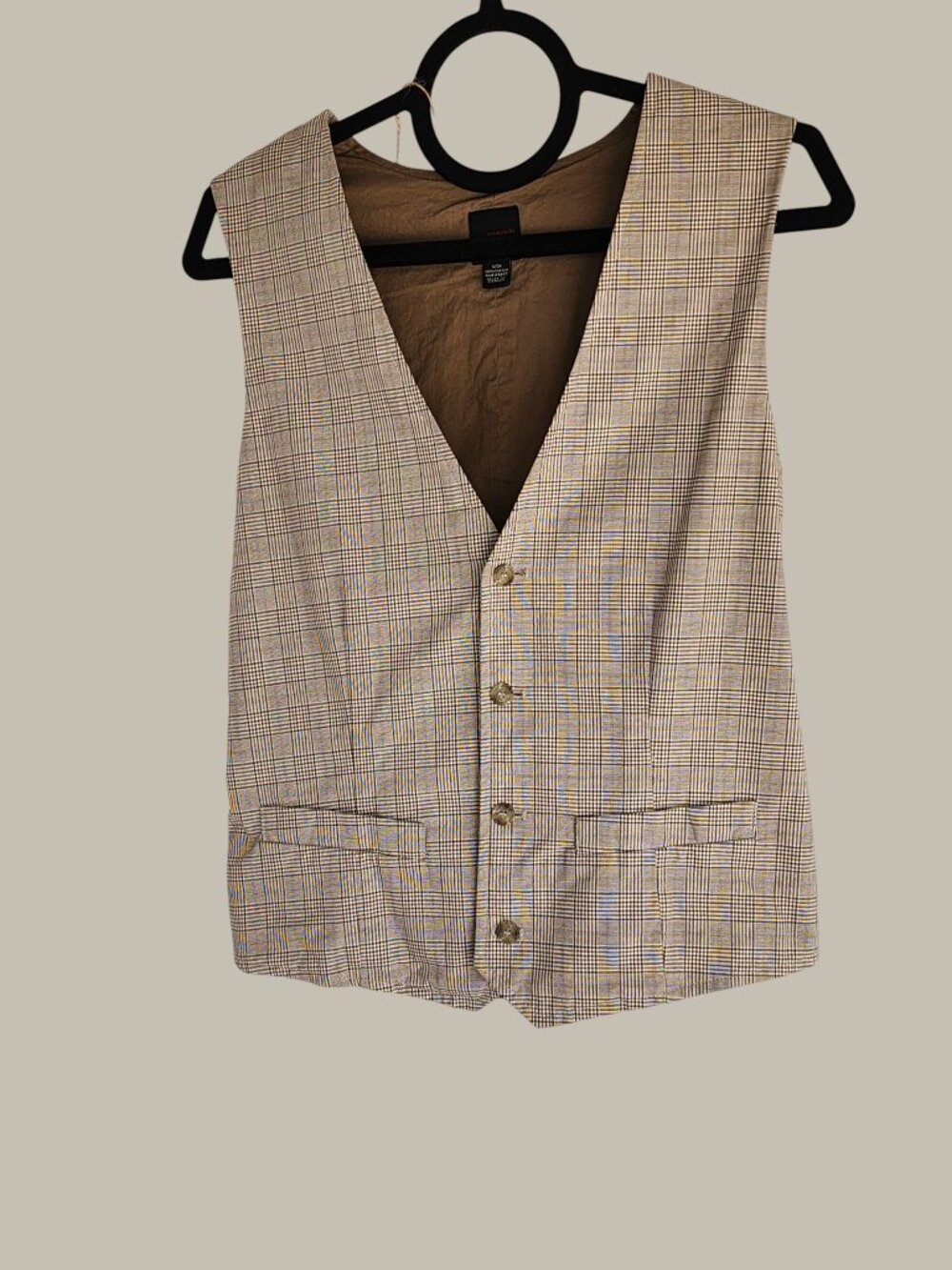 J Ferrar Men’s Neutral Plaid Cotton Vest Tan - Small